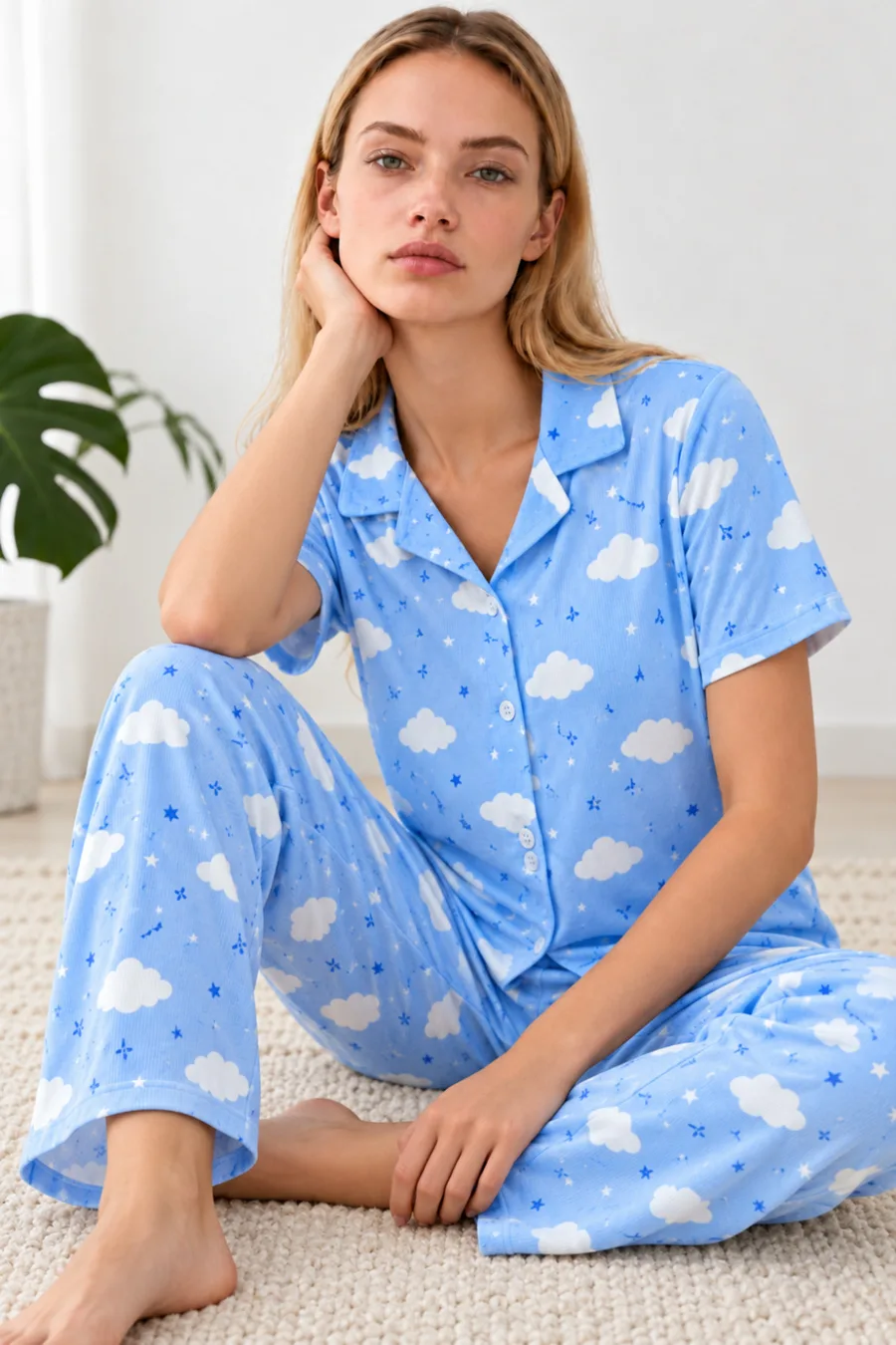 Kadın Desenli Mavi Kısa Kollu Pijama Takımı 4832