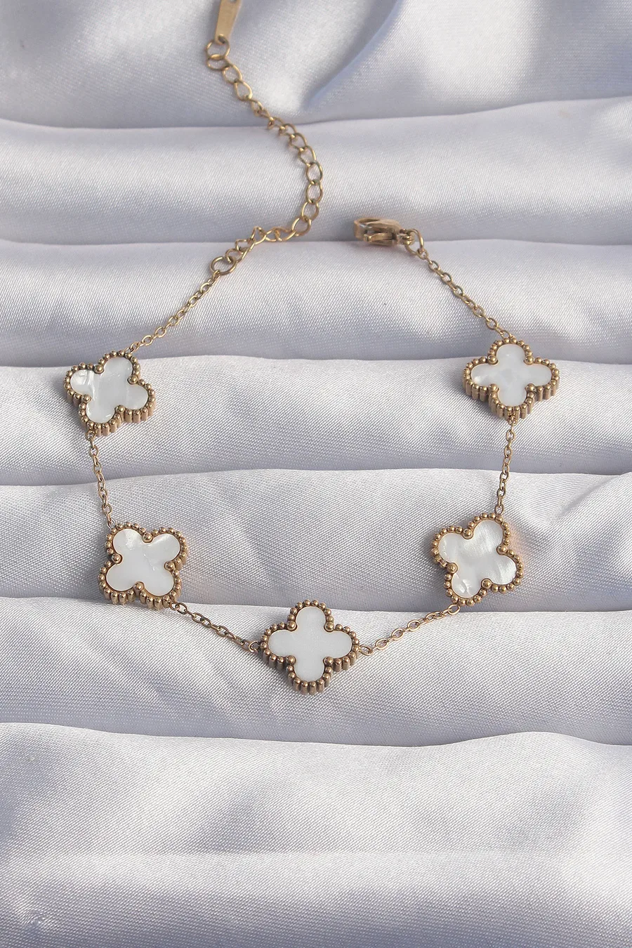 316L Stainless Steel Gold Color White Mother of Pearl Clover Bracelet