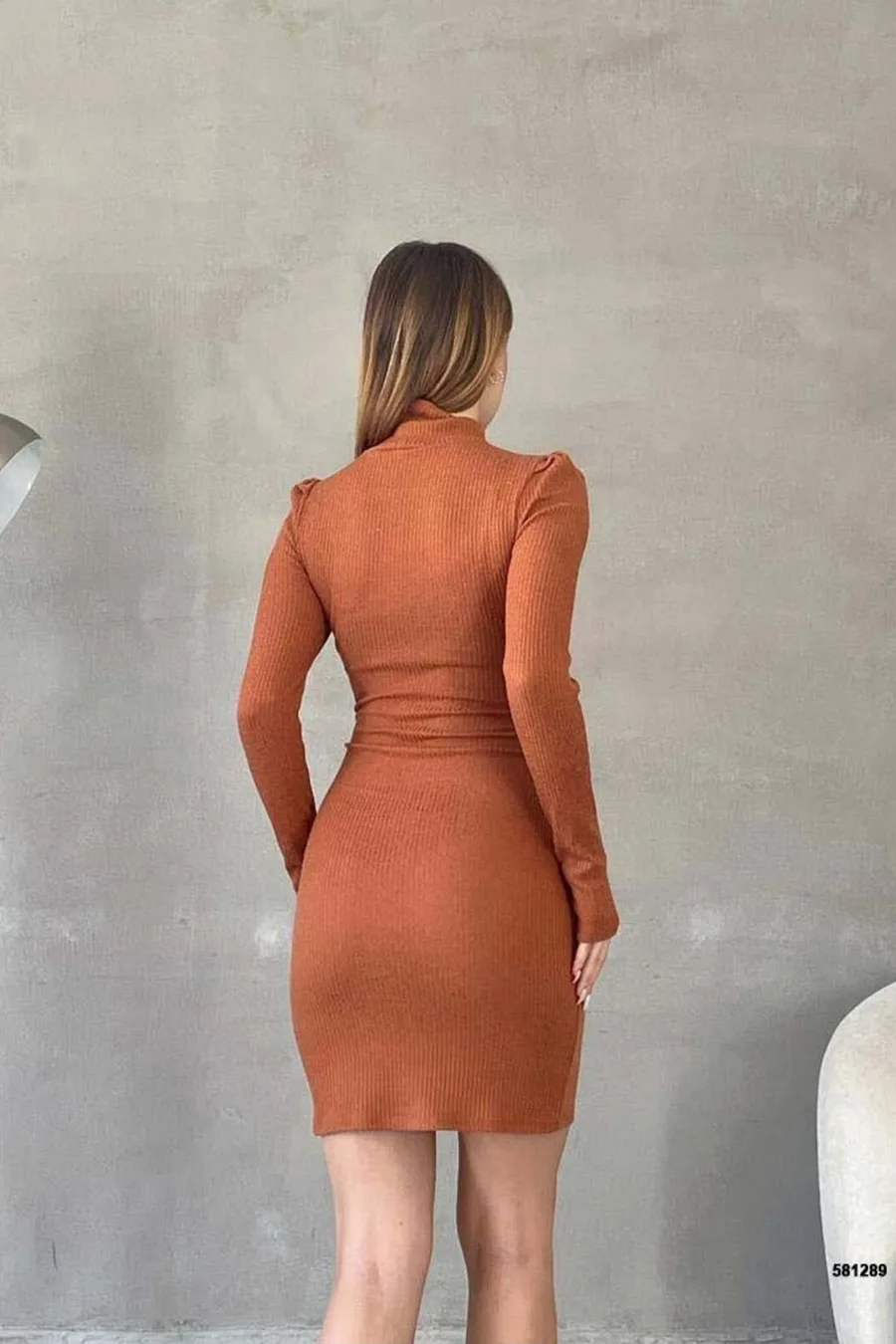 Sandy Uzun Yaka Balıkçı Kumaş Elbise Kollu
