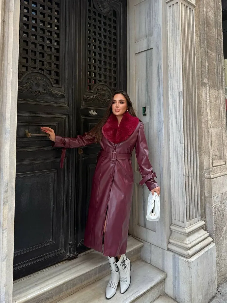 Kemerli, Kürk Detaylı Uzun Deri  Kadın Kaban - Bordo