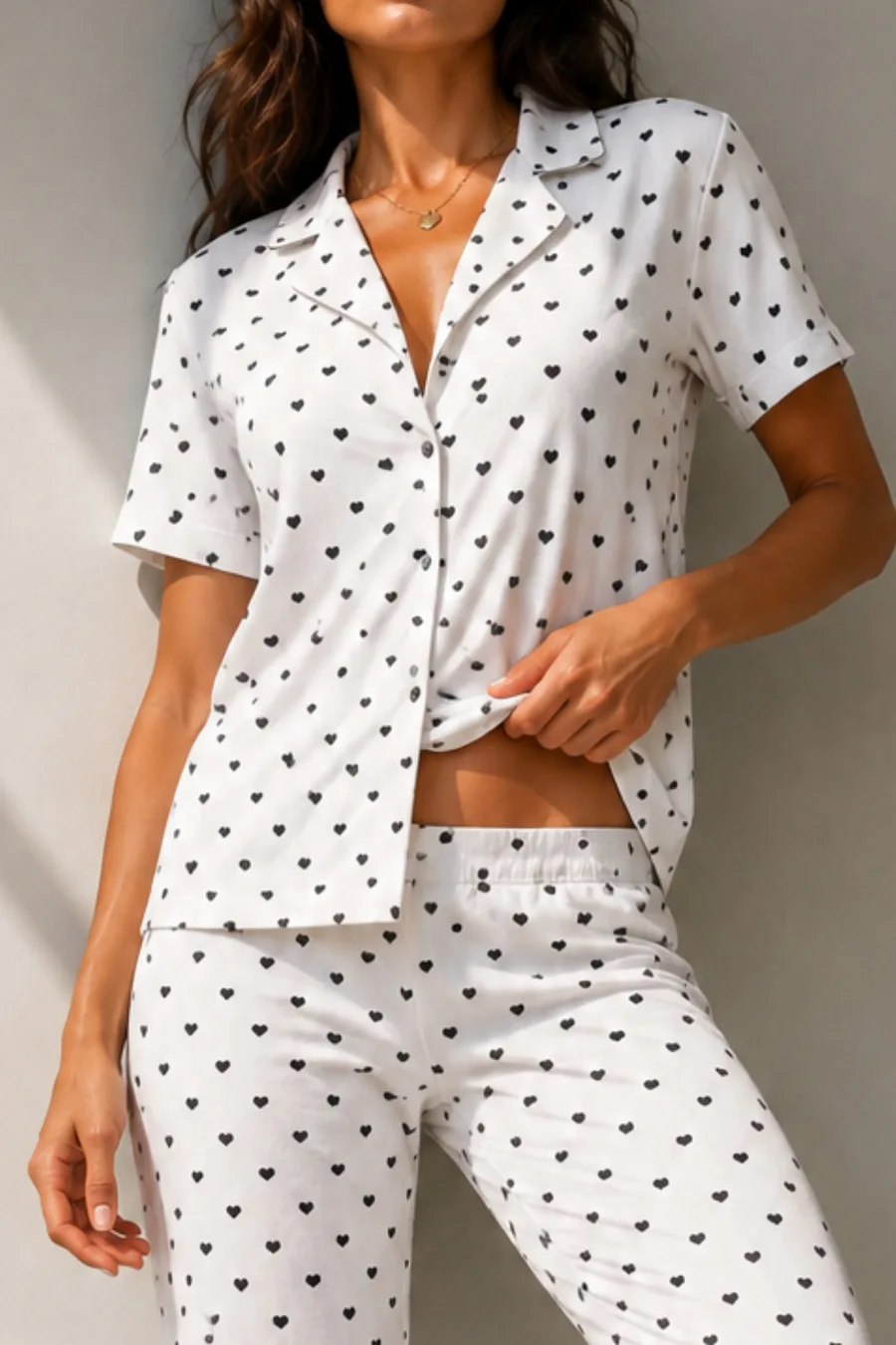 Kadın Klasik Doğal Düğme Gece Kar Beyaz Pijama Takımı