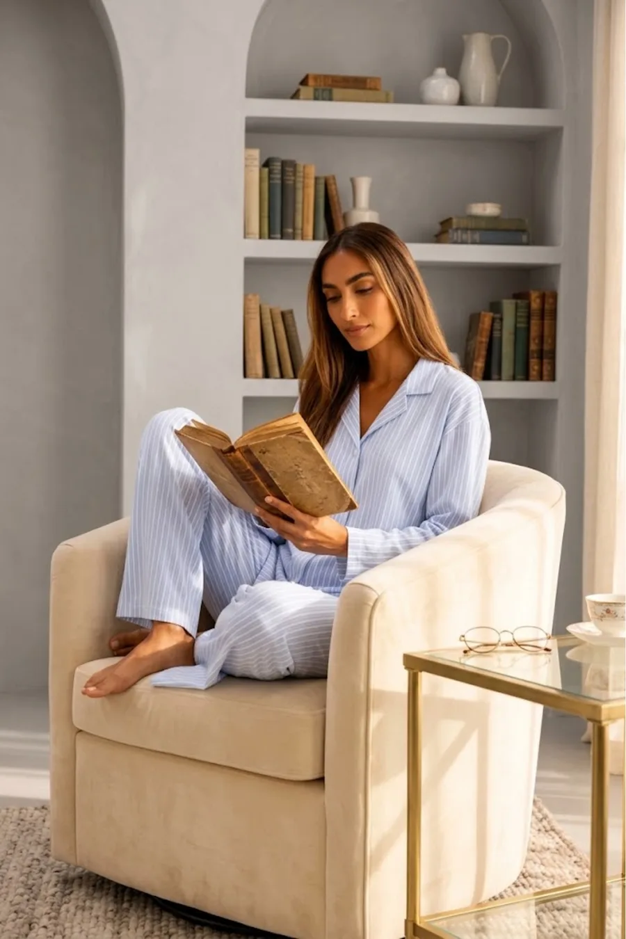 Kadın Önden Düğmeli Uzun Kollu Mavi Pijama Takımı