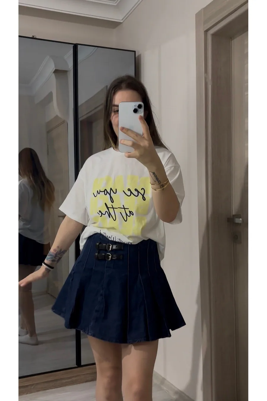 Çift Kemerli Denim Pileli Etek - Lacivert