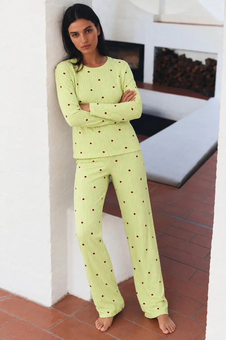 Kadın Desenli Uzun Kollu Rahat Yeşil Pijama Takımı