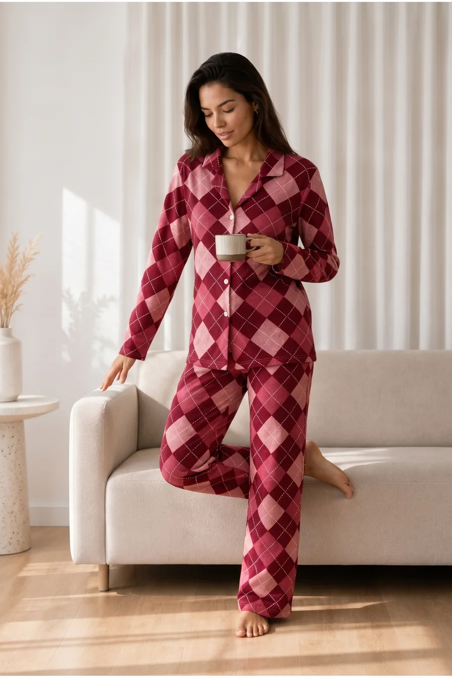 Kadın Desenli Basic Kış Kırmızı Pijama Takımı