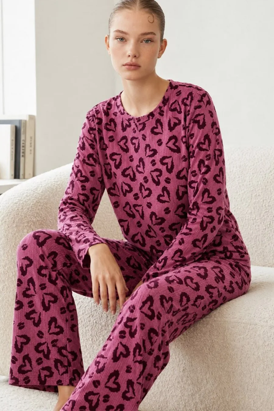 3'Lü Kadın Çizgili Regular Fit Pijama Takımı Lila