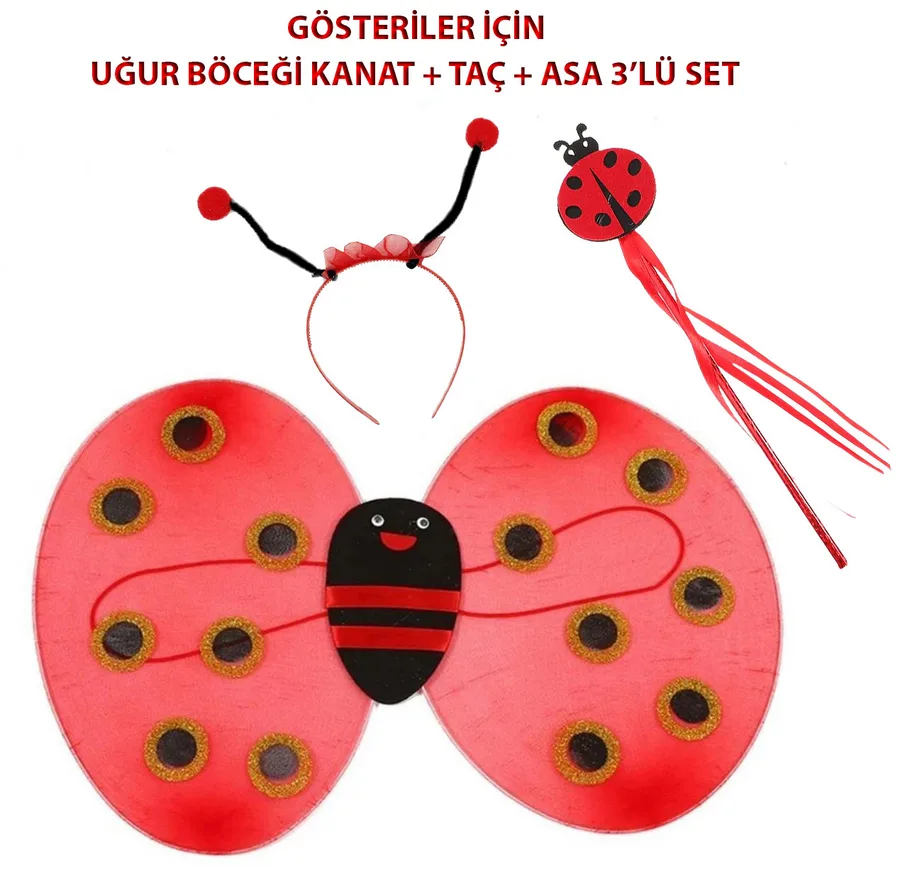 Çuk Gösteri İçin Uğur Böceği Kanat + Taç + Asa 3'lü Kostüm Seti