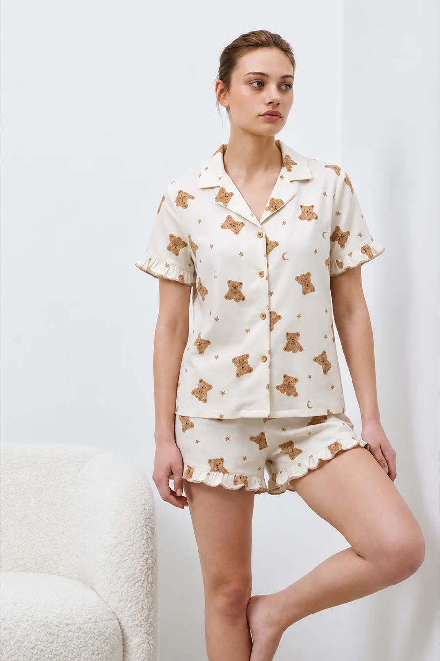 Kadın Premium Fırfırlı Kar Beeyaz Pijama Takımı Kar beyaz