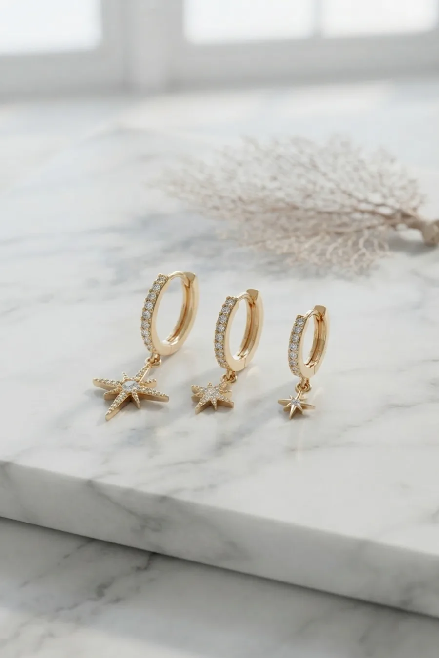 Gold Renk Kutup Yıldız Model 3 lü Küpe Seti