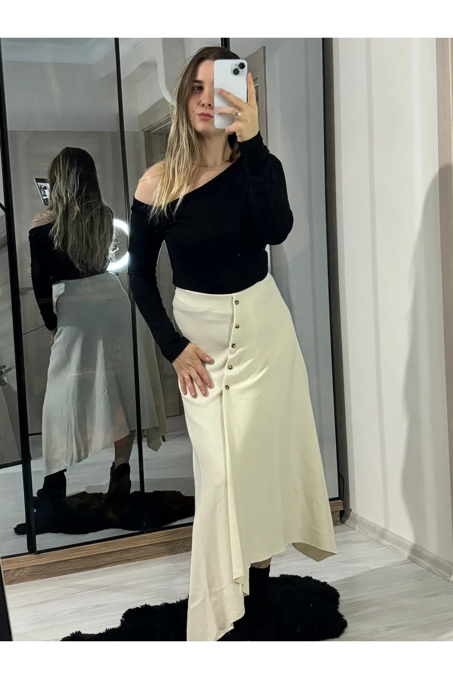ZR Model Selanik Önü Düğmeli Uzun Etek - Ekru