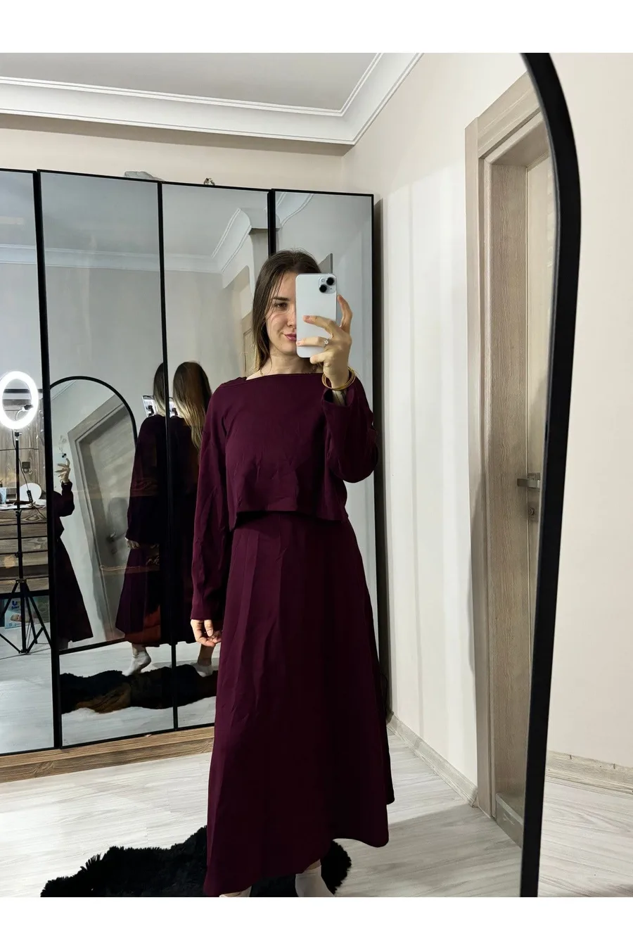 Modal Kumaş Bordo Croplu Elbise Takım