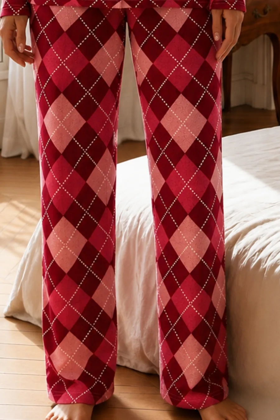 Kadın Relax Fit Düğme Kırmızı Pijama Takımı