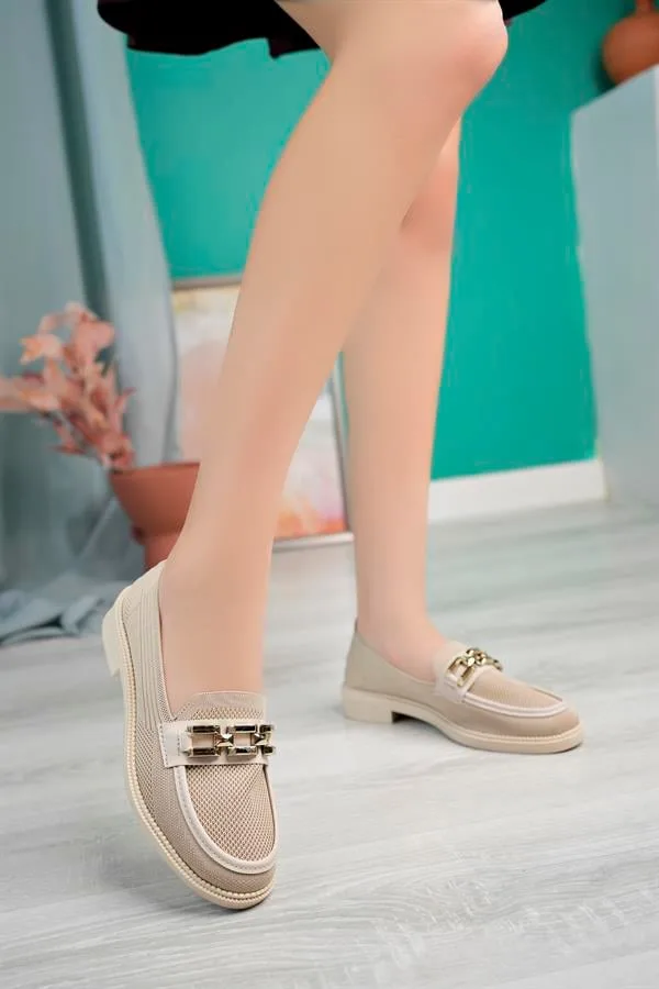 Kadın Casual Loafer Taban Ayakkabı Ayakkabı Kalın Zincir Tokalı Pu Tekstil Topuklu Deri
