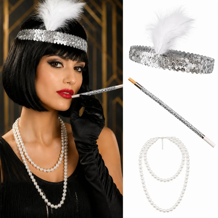 1920'ler Gatsby Gümüş Parti Seti - Çarliston  Bandı, İnci Kolye ve Sigara Tutacağı