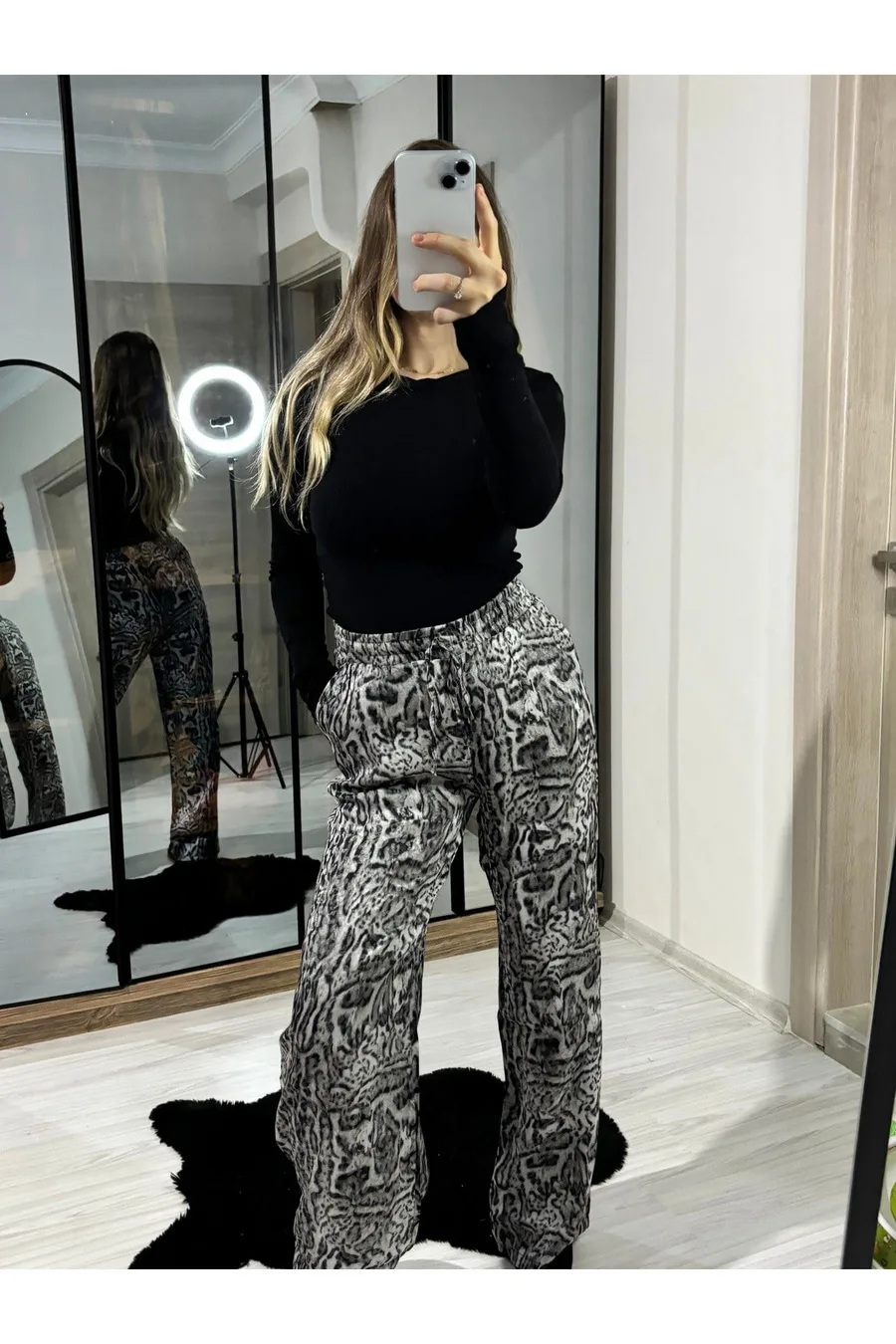 Saten Leopar Desen Bol Paça Pantolon - Gri