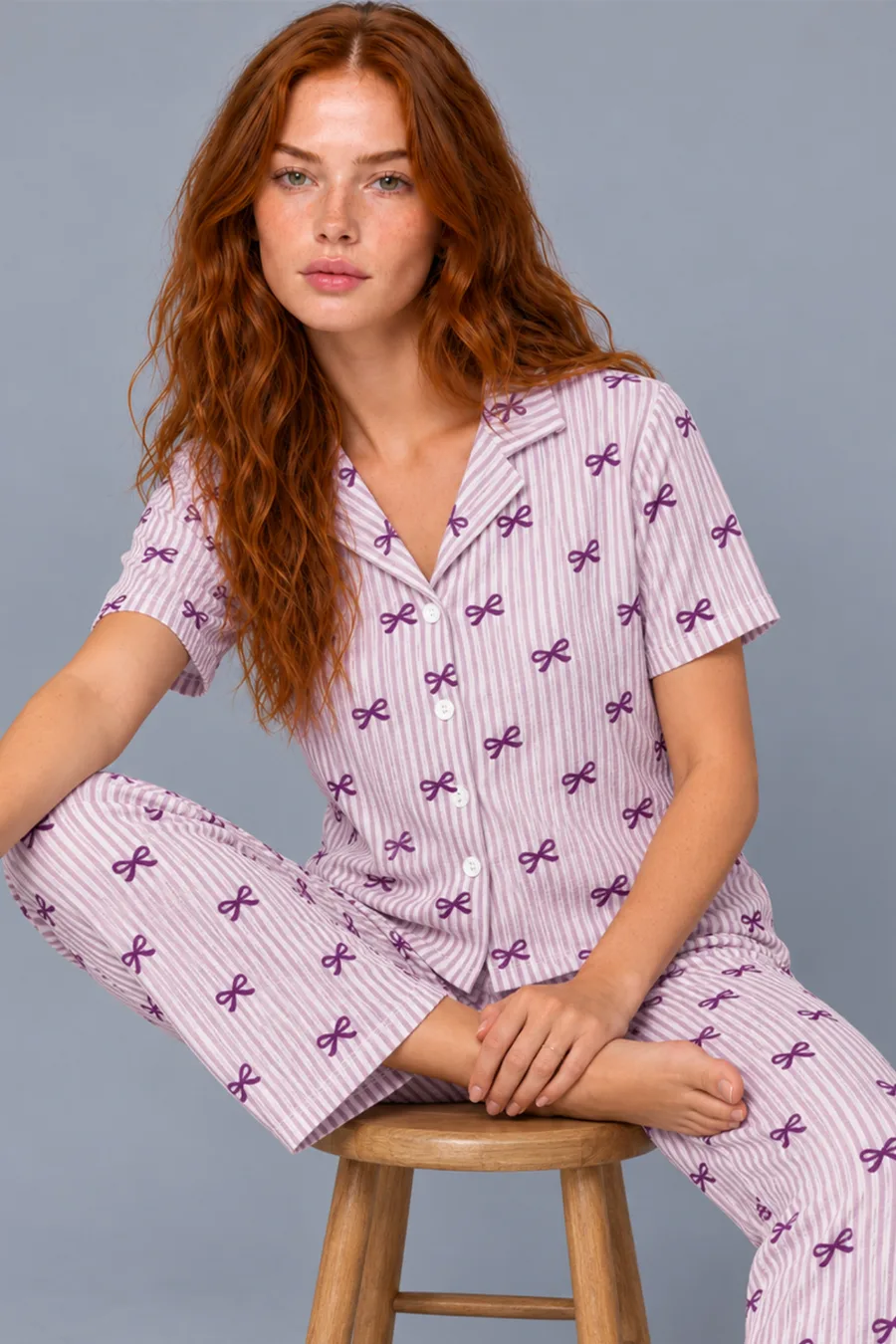Kadın Çizgili Fiyonk Desenli Mor Kısa Kollu Pijama Takımı 4811