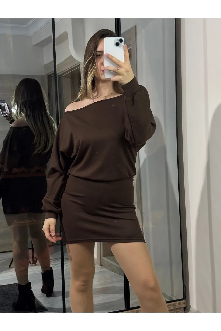 Modal Kumaş Kayık Yaka Mini Elbise - Turuncu