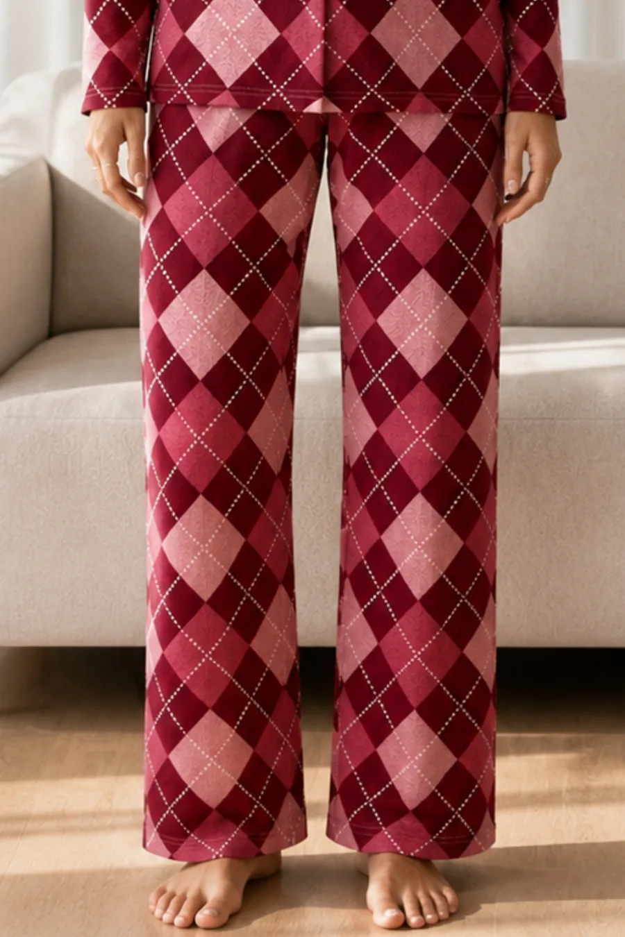 Kadın Desenli Basic Kış Kırmızı Pijama Takımı