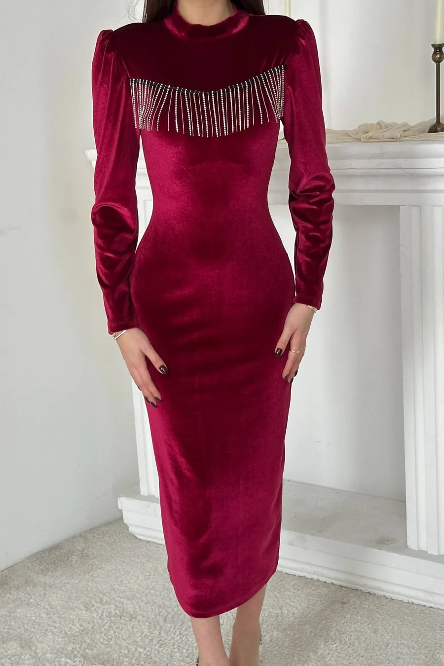 Bordo Kadife Işıltılı Elbise