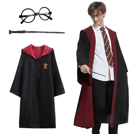 Harry Potter Gryffindor Kapişonlu Çuk Kostüm + Asa + Gözlük Seti 5-6 Yaş