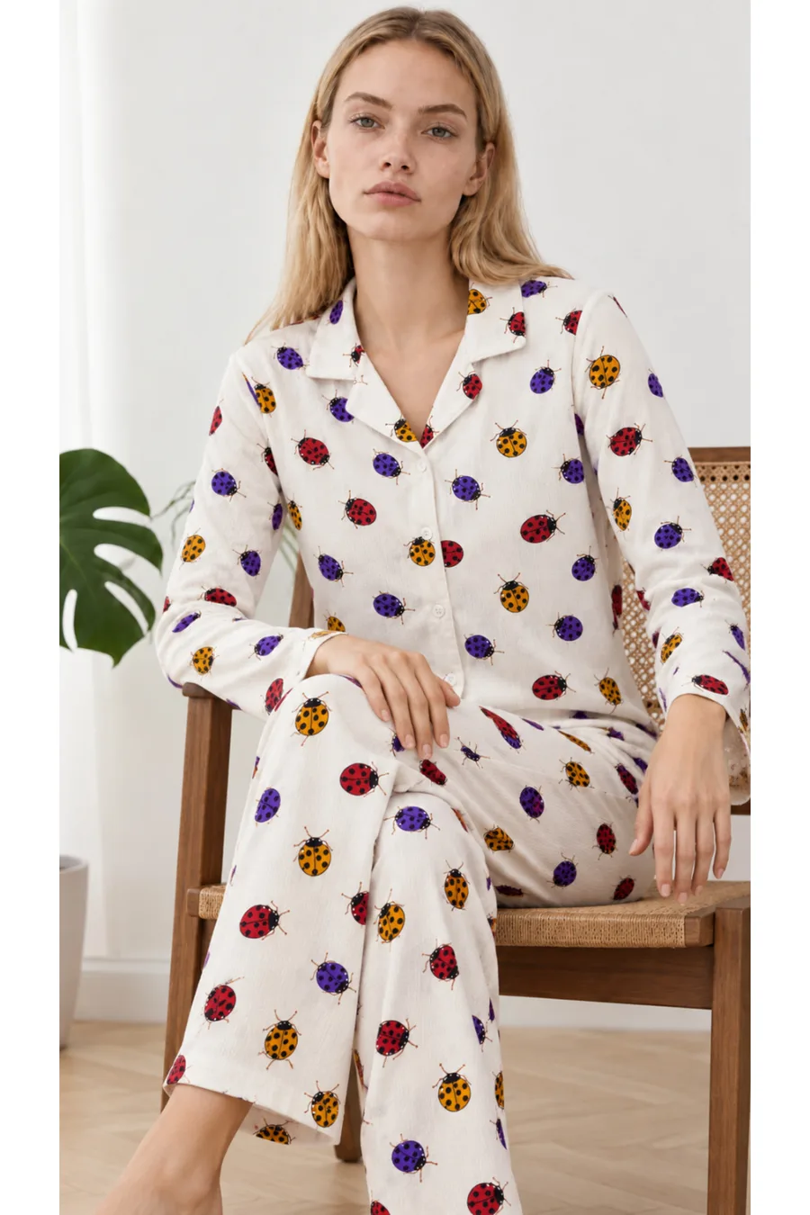 Kadın Uğur Böcekli Gömlek Yaka Beyaz Pijama Takımı 4827