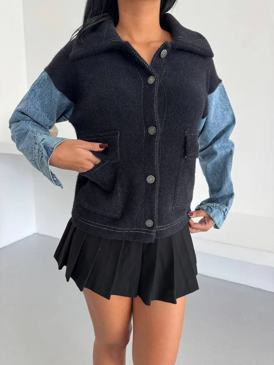 Denim Kol Detaylı Kontrast Ceket – Güçlü Stil, Net Duruş - Siyah