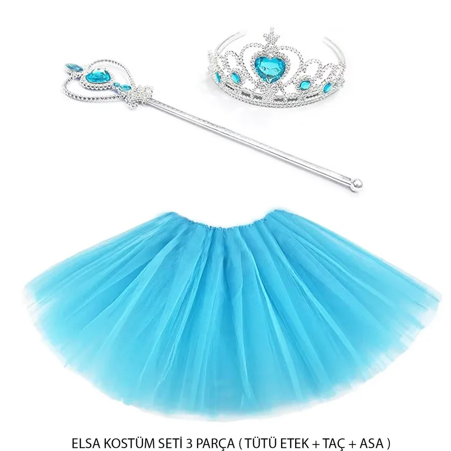 Mi Prenses Elsa Kostüm Seti 3 Parça (Tütü Etek + Taç + Asa )