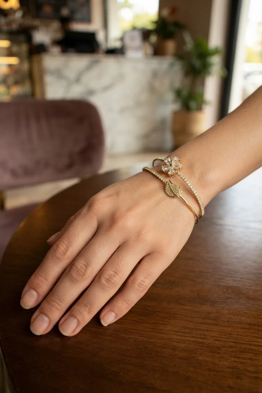 Gold Renk Zirkon Taşlı Çiçek Model Kadın Bileklik