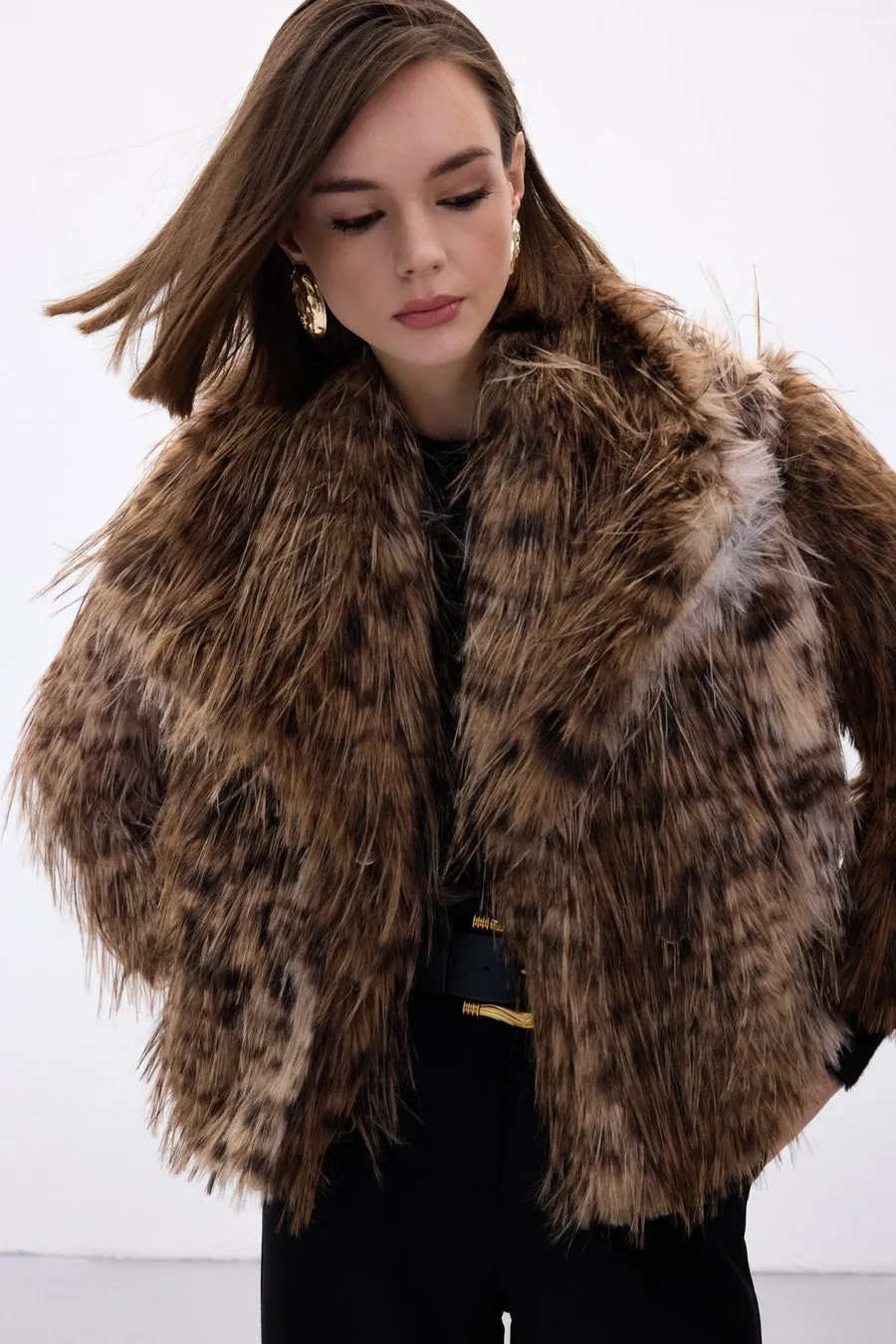 Leopar Desenli Suni Kürk Ceket – Kahverengi Kısa Kadın Kürk Mont - Leopar
