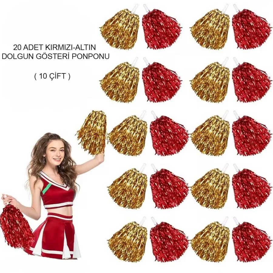 Kırmızı Altın Metalik Doun Gösteri Ponponu 20 Adet (10 Çift)