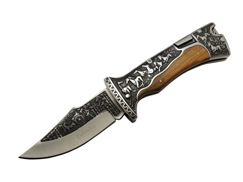 A3189C Kahve Kamp Çakısı 23cm- Manuel, At İşlemeli Ahşap Sap, Özel Kutulu, Kılıflı