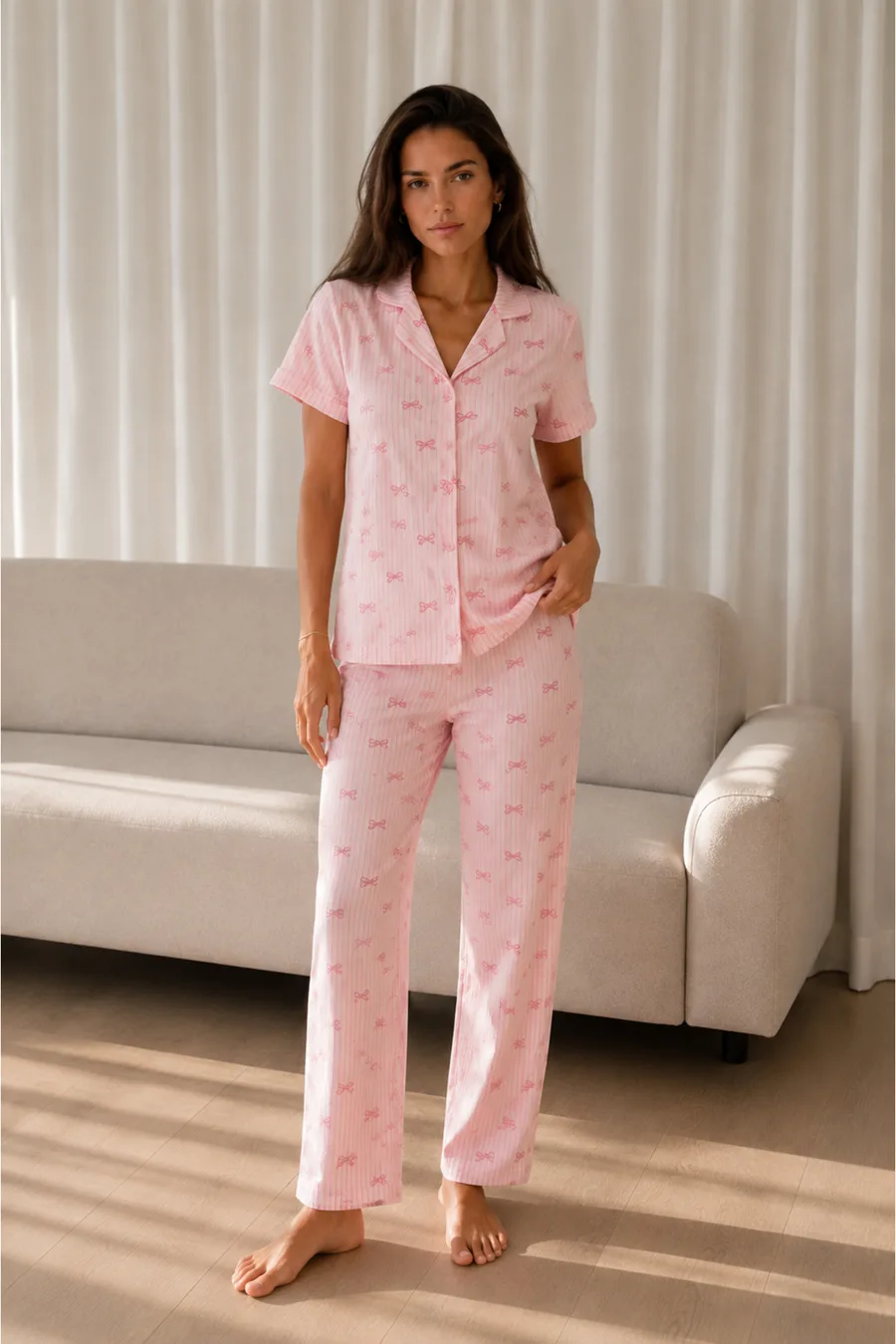 Kadın Loose Uzun Paça Pamuk Pembe Pijama Takımı