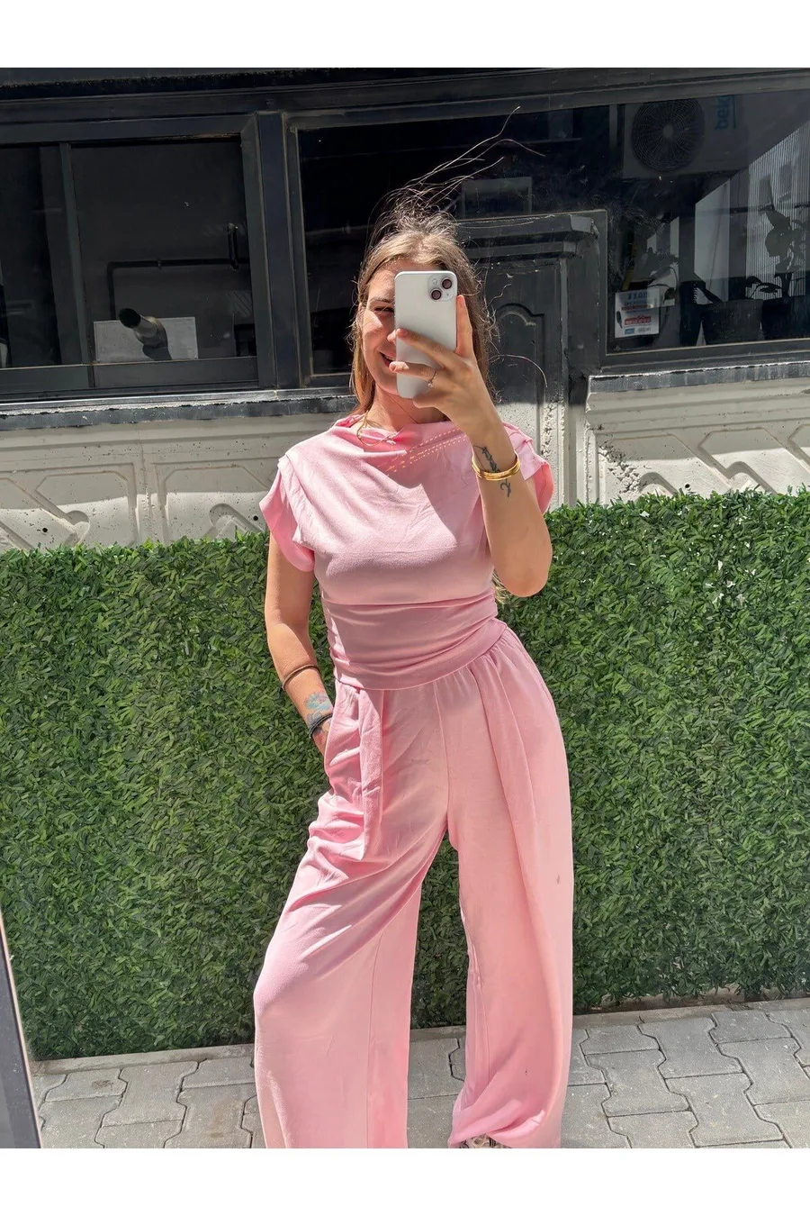 Modal Kumaş Cepli Piliseli Takım - Pembe