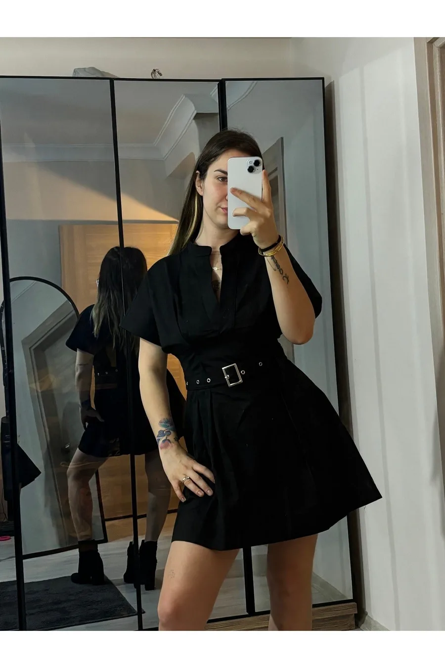ZR Model Gabardin Kumaş Kemerli Mini Elbise - Siyah