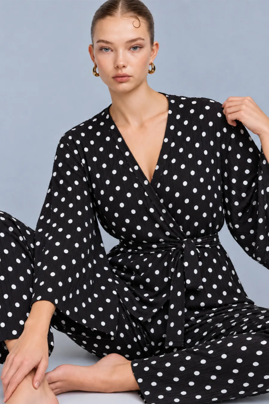 Kadın Kruvaze Kuşaklı Siyah İkili Pijama Takımı 4803