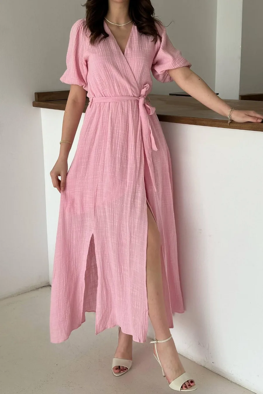 Pembe Kruvaze Yaka Müslin Keten Elbise - Pembe