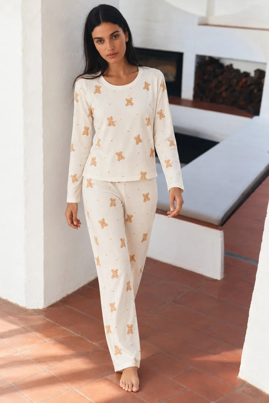 Kadın Şık Esnek Ekru Pijama Takımı