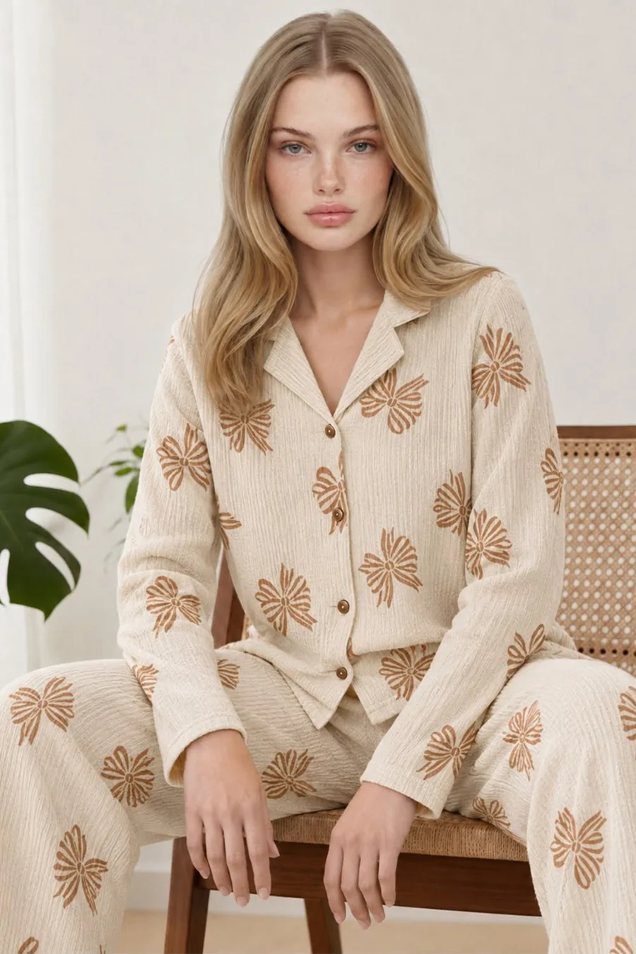 Kadın Uzun Kol Rahat Krem Pijama Takımı 4759