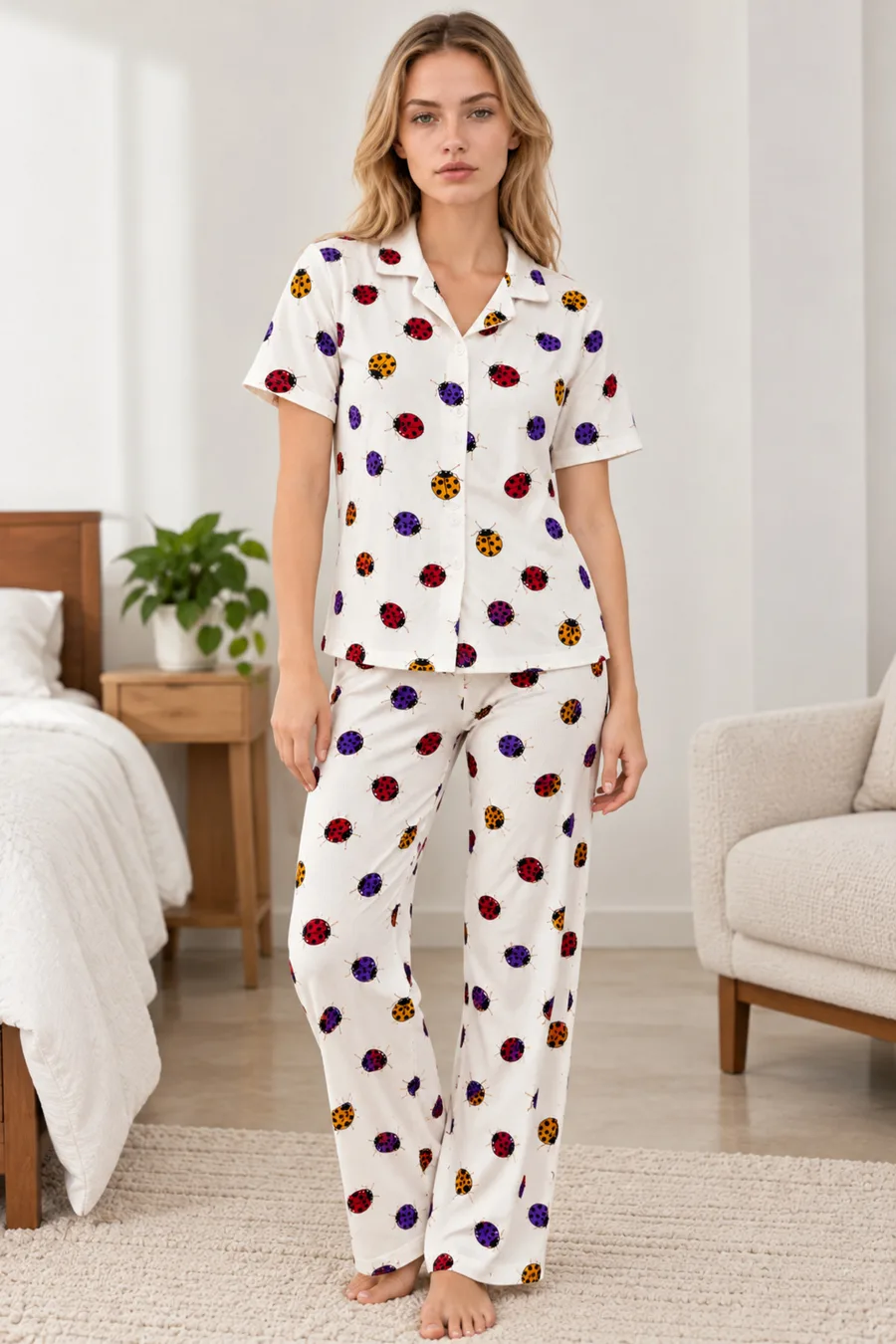 Kadın Desenli Beyaz Kısa Kollu Pijama Takımı 4828