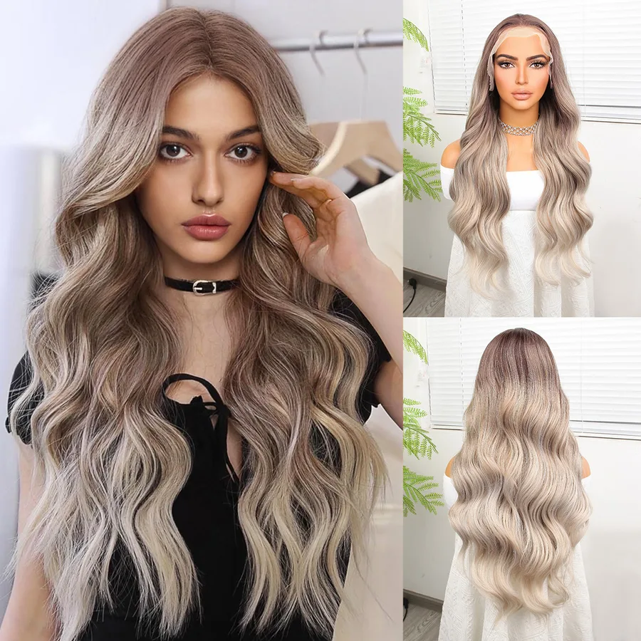 Rus Kumralı Beyaz Platin Ombre  ve Röfleli Fiber Sen Geniş Daalı Tül Peruk