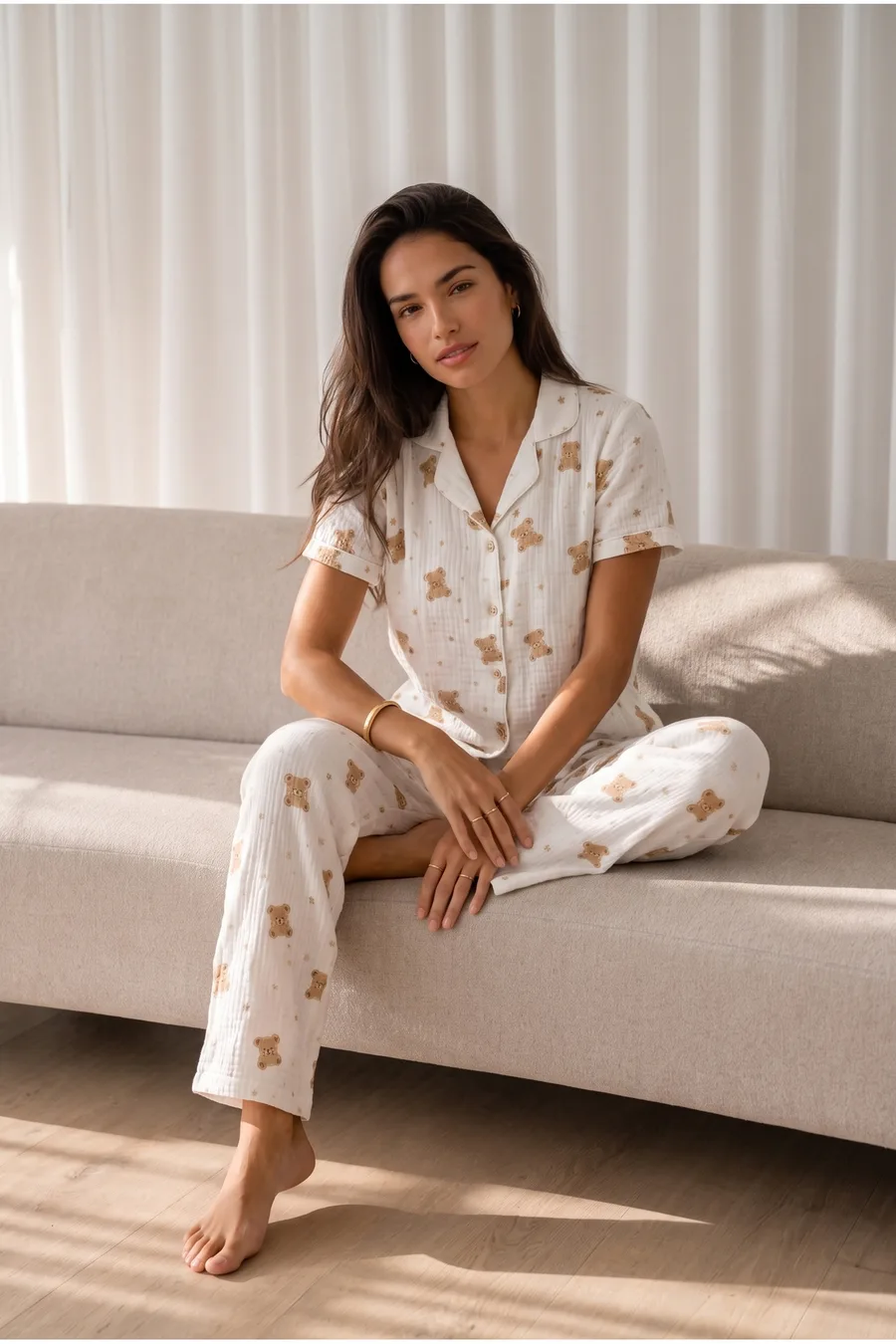 Kadın Loose Uzun Paça Pamuk Kırık Beyaz Pijama Takımı