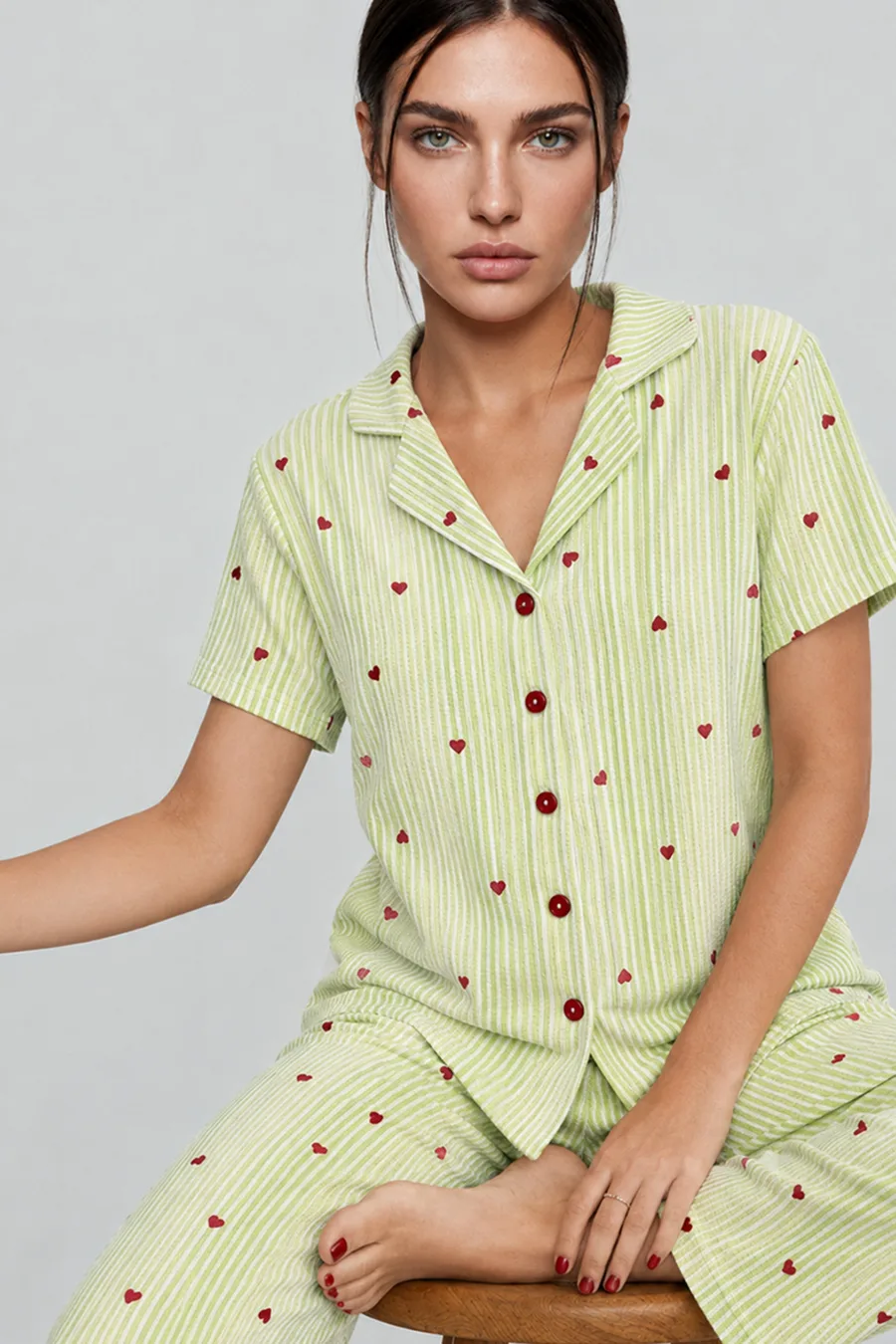Kadın Kısa Kollu Rahat Yeşil Pijama Takımı 4732