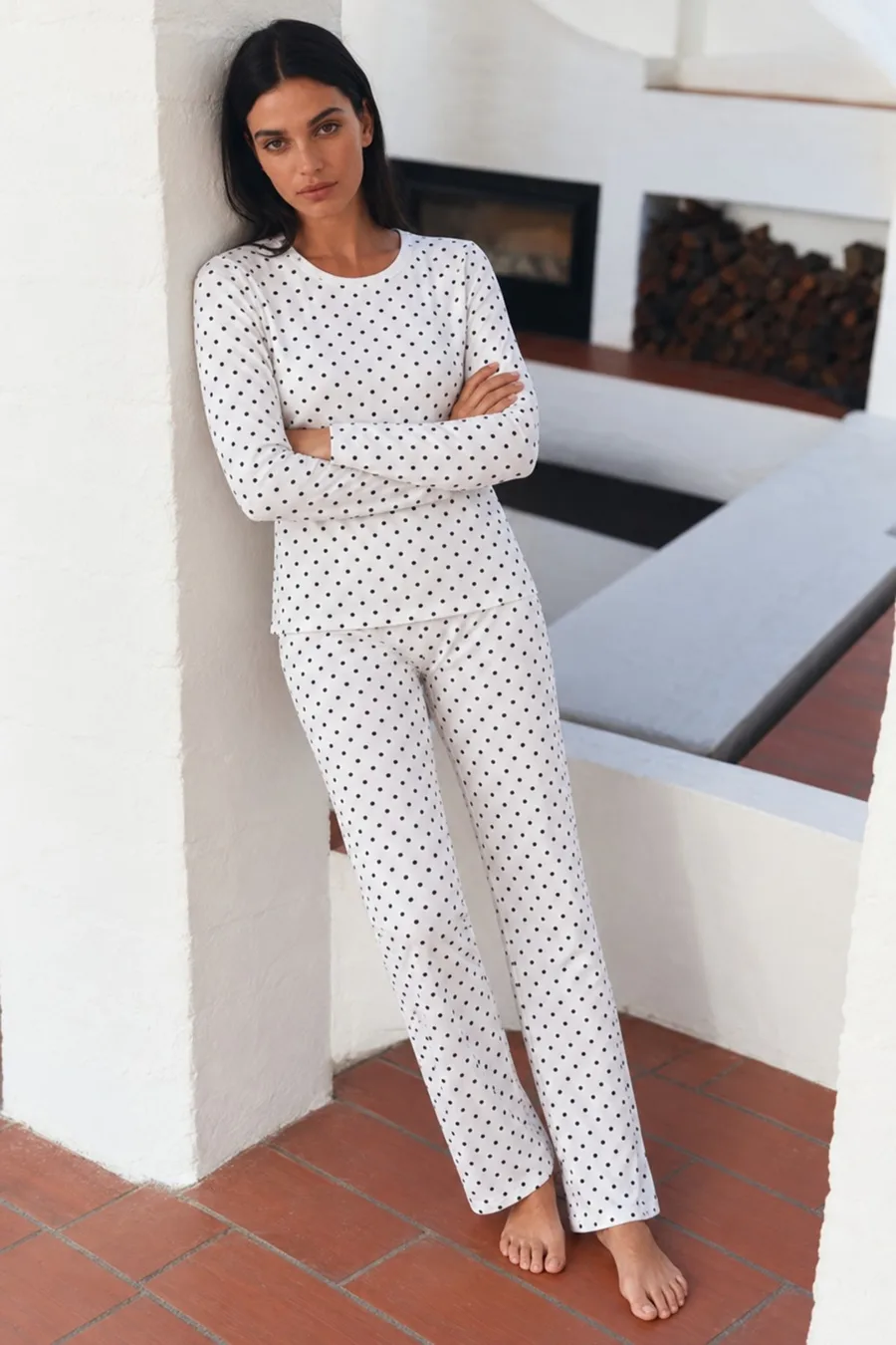 Kadın Desenli Uzun Kollu Rahat Beyaz Pijama Takımı
