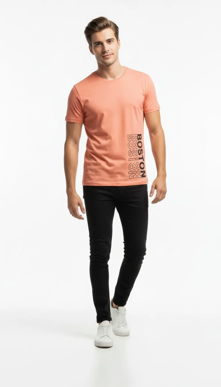 Urban Boston Dikey Baskı Erkek Tişört – Slim Fit, Sokak Stili Günlük T-Shirt