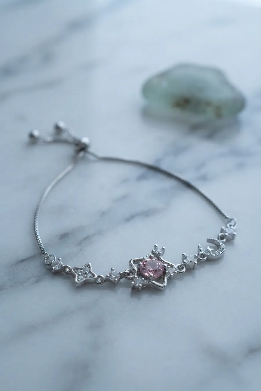 Pembe Taşlı Yıldız Model Gümüş Renk Zirkon Taşlı Asansörlü Bileklik