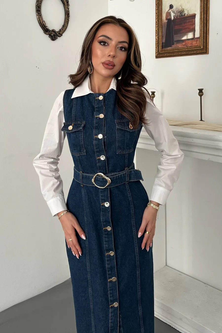 Mavi Düğmeli Kot Elbise