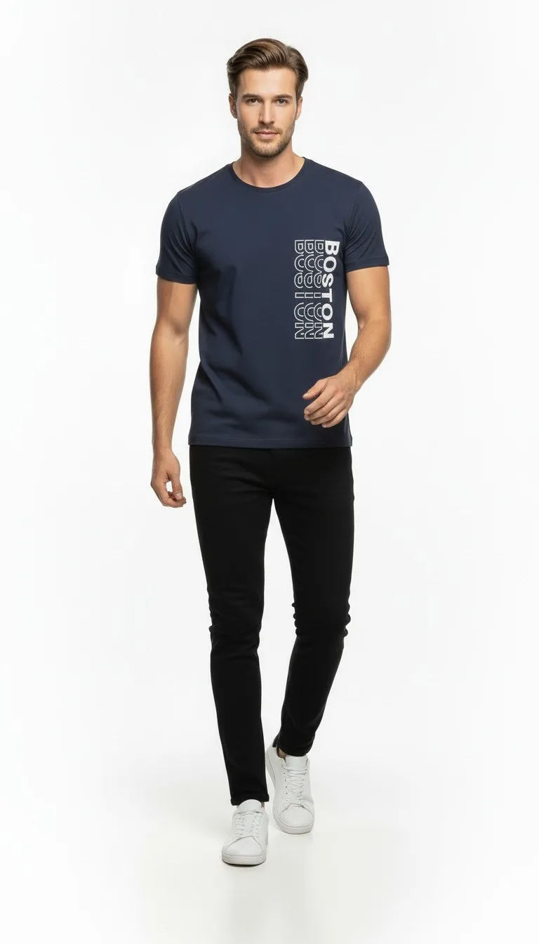 Urban Boston Dikey Baskı Erkek Tişört – Slim Fit, Sokak Stili Günlük T-Shirt - Lacivert
