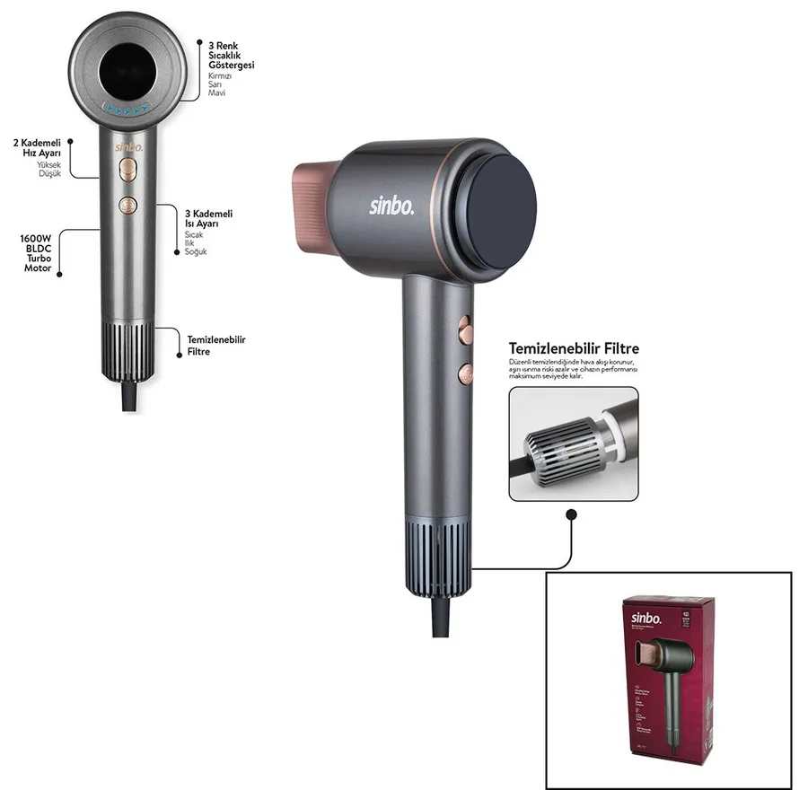 Sinbo Shd-1717 Bldc Turbo Motor Tokmak Model Saç Kurutma Makinesi 1600w 2-Kdm.hız 3-Kdm.sıcaklık Yapışkanlı Askı
