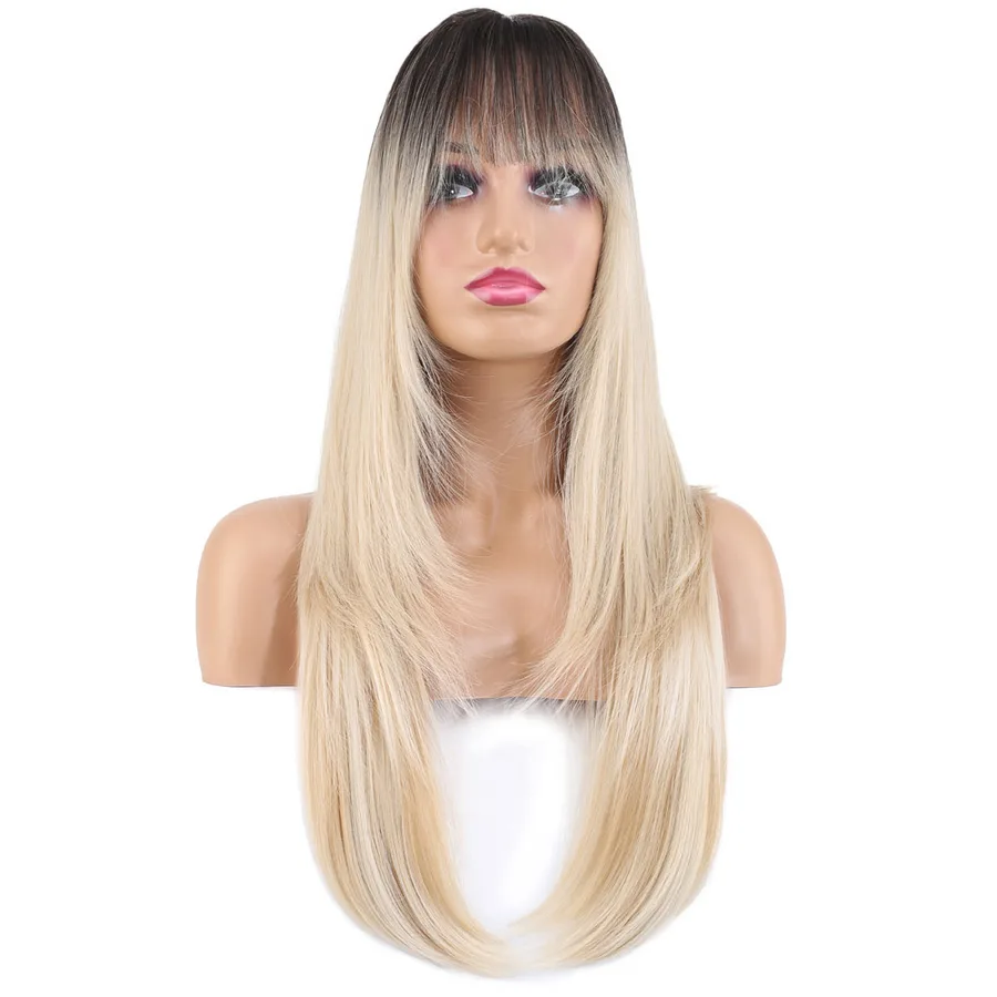 Katlı Kesim Perçemli Düz Fiber Sen Uzun Boy Peruk / Kahve / Platin Ombre ve Röfleli