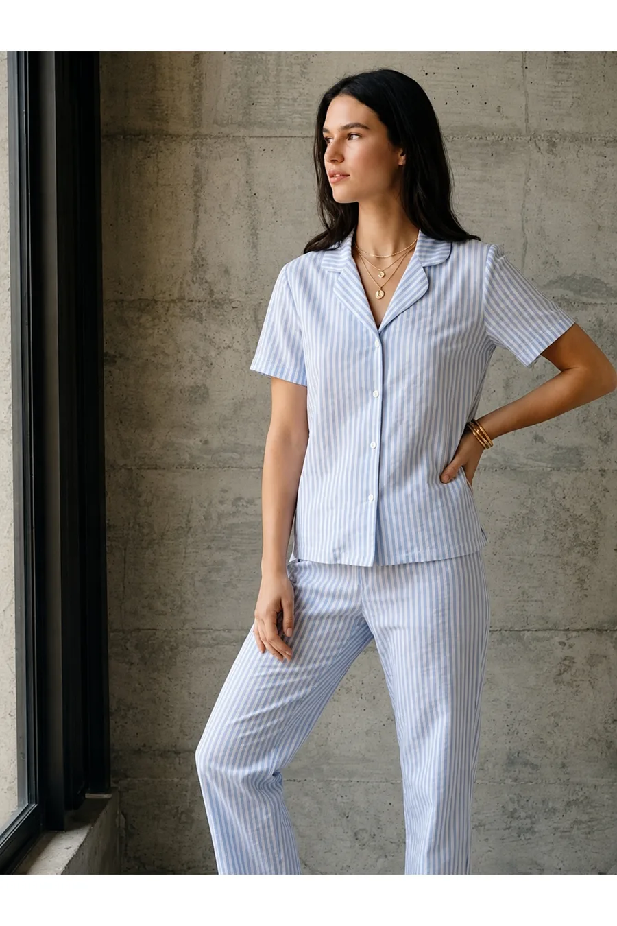 V Yaka Düğmeli Casual Mavi Pijama Takımı